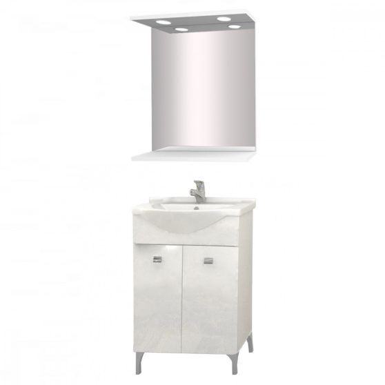 Toscano Új 57 komplett fürdőszobabútor kerámia mosdóval, polcos tükörrel, ledvilágítással (2 ajtós), magasfényű festett fehér