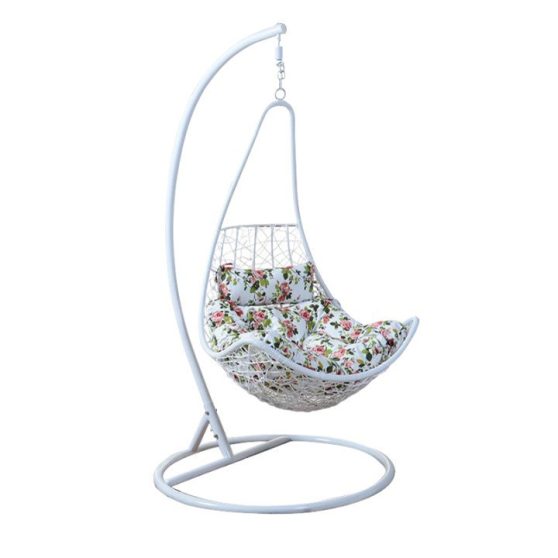 KALEA Modern függő fotel fehér keret+fehér rattan+virág minta