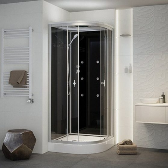 Fekete 90x90 cm íves hidromasszázs zuhanykabin