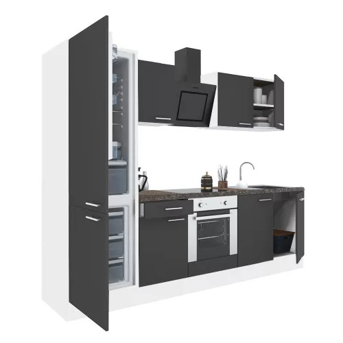 Yorki 270 konyhabútor fehér korpusz,selyemfényű antracit front alsó sütős elemmel alulfagyasztós hűtős szekrénnyel