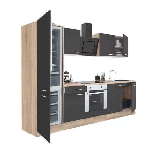 Yorki 270 konyhabútor sonoma tölgy korpusz,selyemfényű antracit front alsó sütős elemmel alulfagyasztós hűtős szekrénnyel