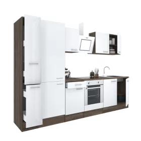 Yorki 300 konyhabútor yorki tölgy korpusz,selyemfényű fehér front alsó sütős elemmel polcos szekrénnyel