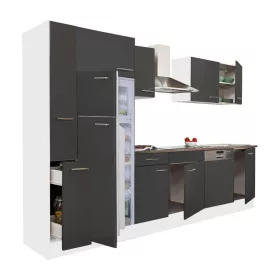 Yorki 310 konyhabútor fehér korpusz,selyemfényű antracit fronttal felülfagyasztós hűtős szekrénnyel