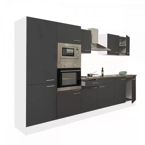 Yorki 330 konyhabútor fehér korpusz,selyemfényű antracit fronttal polcos szekrénnyel