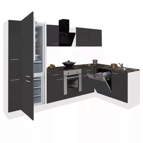 Yorki 310 sarok konyhabútor fehér korpusz,selyemfényű antracit front alsó sütős elemmel alulagyasztós hűtős szekrénnyel