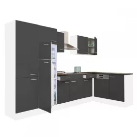 Yorki 340 sarok konyhabútor fehér korpusz,selyemfényű antracit fronttal polcos szekrénnyel és felülfagyasztós hűtős szekrénnyel