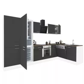 Yorki 340 sarok konyhabútor fehér korpusz,selyemfényű antracit front alsó sütős elemmel polcos szekrénnyel, alulfagyasztós hűtős szekrénnyel