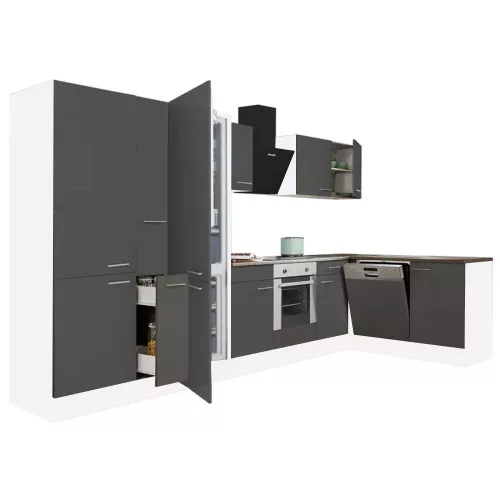 Yorki 370 sarok konyhabútor fehér korpusz,selyemfényű antracit front alsó sütős elemmel polcos szekrénnyel, alulfagyasztós hűtős szekrénnyel