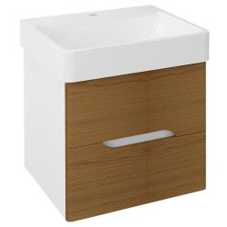   MEDIENA mosdótartó szekrény, 2 fiókkal, 57x50,7x48,5cm, matt fehér/natúr tölgy