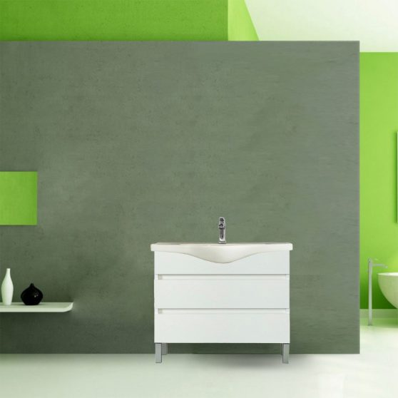 Seneca 105 cm-es bútorhoz alsószekrény, mosdóval, Tükörfényes fehér színben
