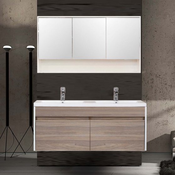 Primo 120 komplett fürdőszoba bútor tükörfényes fehér-rauna szil színben