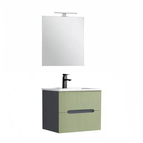 Trent Fürdőszobabútor 60 cm kerámia mosdóval (2 fiókos) tükörrel 60x80 cm antracit szürke-pisztáciazöld