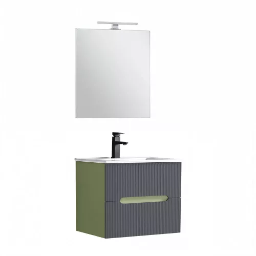 Trent Fürdőszobabútor 60 cm kerámia mosdóval (2 fiókos) tükörrel 60x80 cm pisztáciazöld-antracit szürke