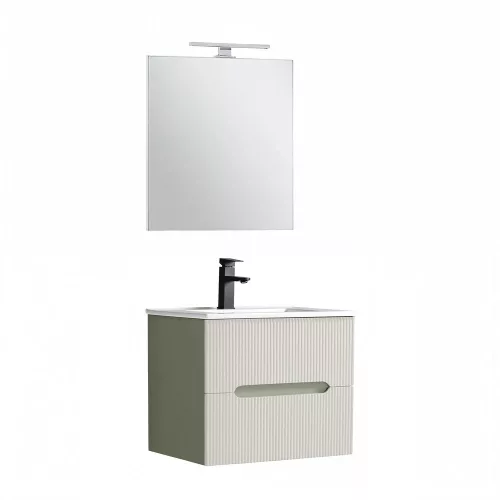Trent Fürdőszobabútor 60 cm kerámia mosdóval (2 fiókos) tükörrel 60x80 cm olivazöld-fehér
