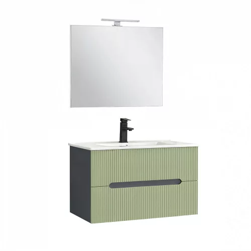 Trent Fürdőszobabútor 80 cm kerámia mosdóval (2 fiókos) tükörrel 60x80 cm antracit szürke-pisztáciazöld