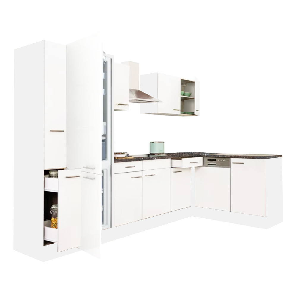 Yorki 310 sarok konyhabútor fehér korpusz,selyemfényű fehér fronttal alulagyasztós hűtős szekrénnyel